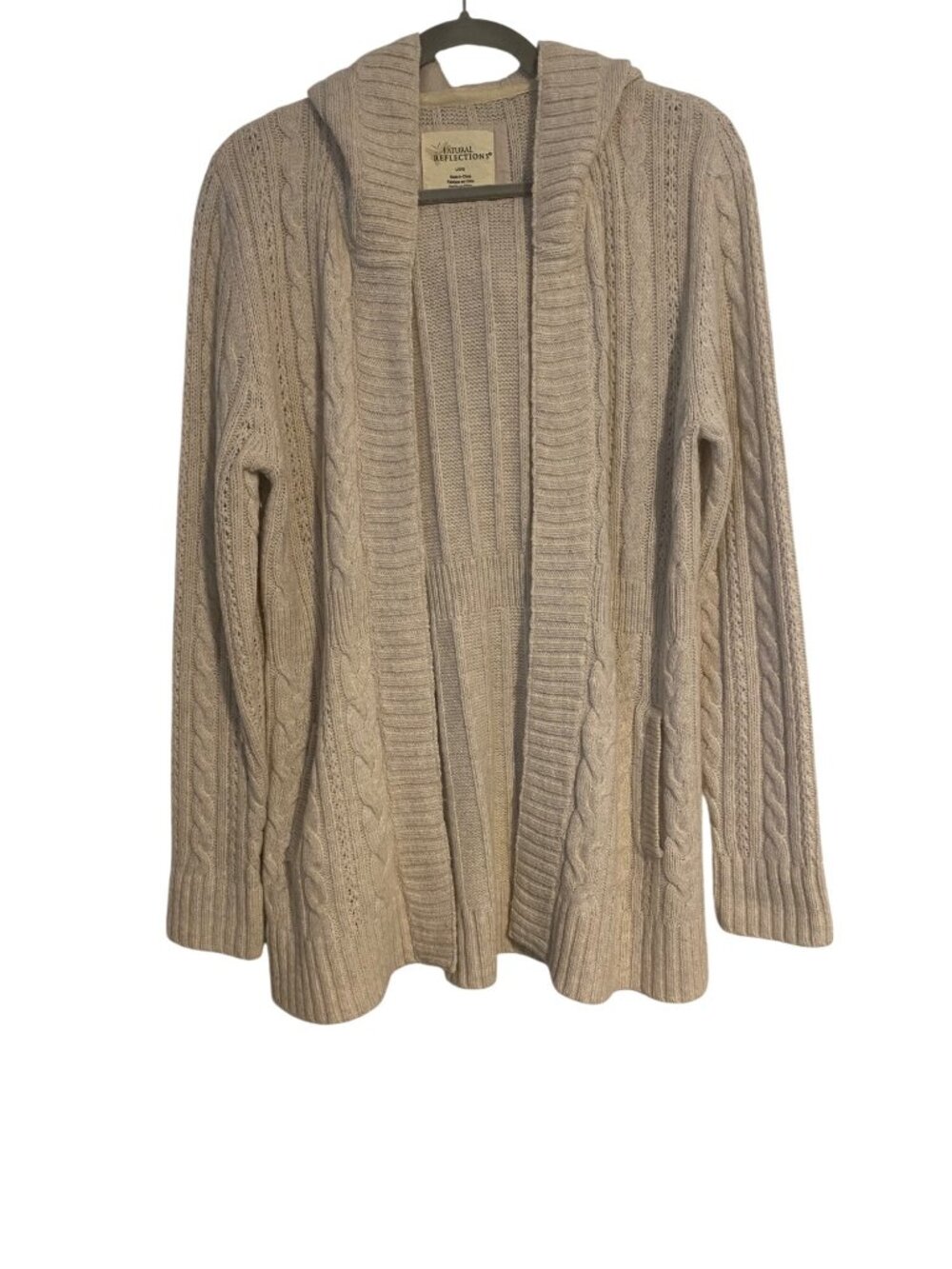Natural Reflections Women L Beige Hooded Cable Knit Cardigan Sweater Wool Blend